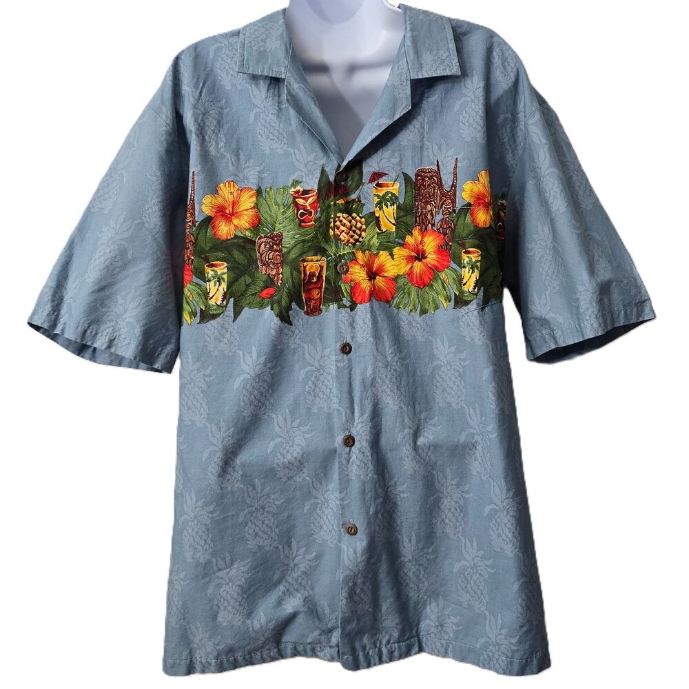 Vintage Hawaiian Tiki Party Shirt L Aloha Pineapple Hibiscus Pacific Legend 90s